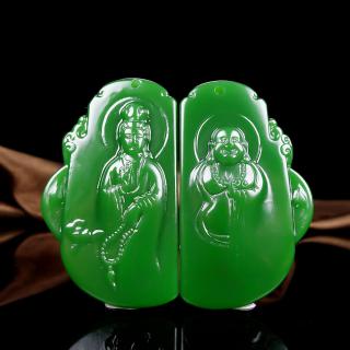 新款和田玉碧玉观音吊坠 和田玉弥勒佛吊坠情侣款 绿色弥勒佛吊坠